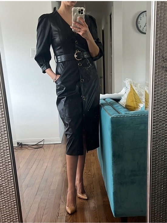 Zara Dresses & Skirts - Zara Black Faux Leather Button-Front Midi Dress with Belt